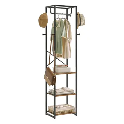 (Rustic Brown) Freestanding Coat Stand with Shelves and Hooks, Industrial Clothes Stand for Entr