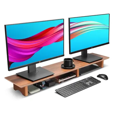 (Black Walnut) Dual Monitor Stand Riser,Wooden Desktop Organizer Stand with Sustainable Cork Blo