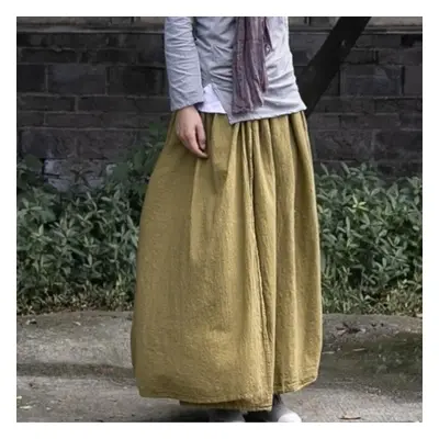 (One Size, dark yellow) Johnature Women Vintage Cotton Linen Skirts Elastic Waist Solid Color Cl