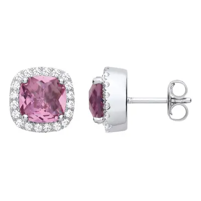 Jewelco London Ladies Rhodium Plated Sterling Silver Pink Cushion CZ Halo Stud Earrings - EAG126