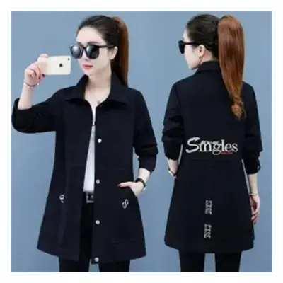 (black, XL) Women&apos;s Denim Jacket Spring Ladies Letter Casual Full Sleeve Loose Button Jacke