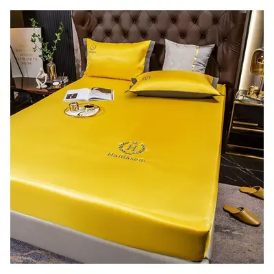 (yellow, 150*200cm) Summer Luxury Imitated Satin Silk Bed Sheet Solid Color Bedding Mattress Cov