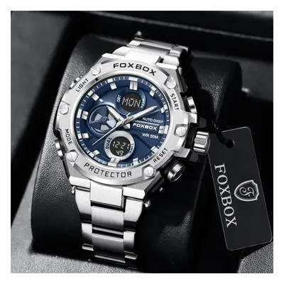 (silver,blue) Foxbox Business Men&apos;s Watches Luxury Led Digital Dual Time Waterproof Luminou