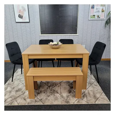 Oak Wooden Table Tufted Velvet Black Chair and Bench (140x80x75)