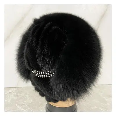 (black) Stylish Women Winter Hat Diamond Natural Mink Fox Fur Hats Knitted Beanies Outdoor Warm 