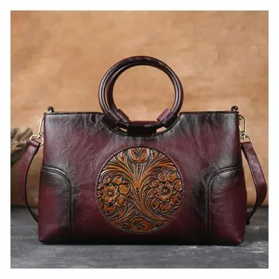 (dark red) Johnature High Quality Leather Women Bag Retro Handmade Embossed Shoulder Bags Large 