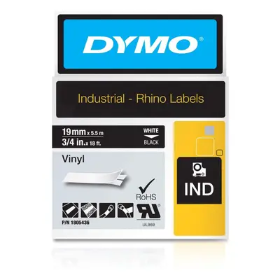 DYMO Rhino Industrial Vinyl Labels, mm x 5.5 m, White Print on Black, Self-Adhesive