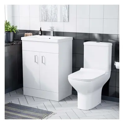 600mm Floorstanding White Basin Vanity & Rimless Close Coupled Toilet Flat Pack