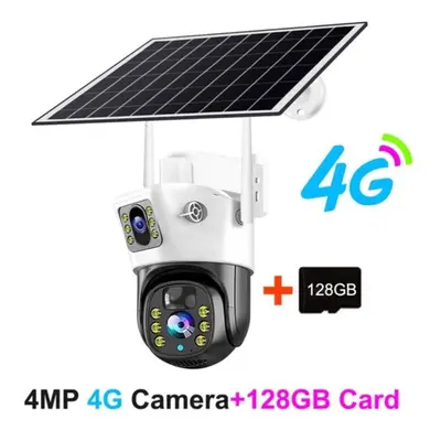 (white,black, ã4ã4G Camera + 128G Card) Solar Camera 4k Outdoor Low Powered Video Cam Night 