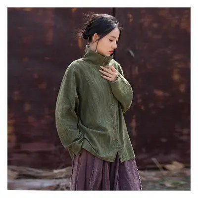 (dark green, One Size) Johnature Women Vintage Half Hight Collar Shirts Tops Long Sleeve Button 