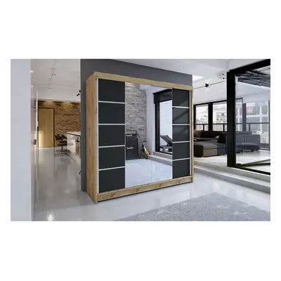 (Sonoma / Black ) Easy T5 Sliding Door Wardrobe 180x58x215cm Hanging Rail Shelves Mirror