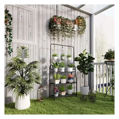 Outsunny Tier Plant Stand w/ Hanging Hooks for Balcony Living Room, Black