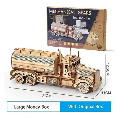 (tan, Large piggy bank) Diy 3D Wooden Puzzles Piggy Bank Fuel Truck Model Building Block Kits As