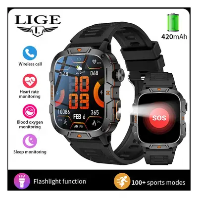 (black, silicone strap) Lige New Led Flashlight Smart Watch 420mah Bluetooth Call Sports Fitness