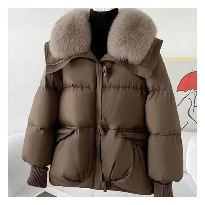 (coffee, XXL) New Fashio Black Short Loose Cotton Coat With Fur Collar Jacket Thickened Clothes