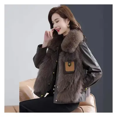 (dark brown, L) Women&apos;s Winter Fleece Lined Faux Leather Jacket, Loose Fit Parka Coat With 