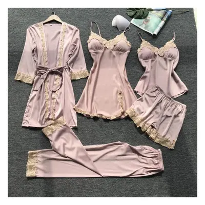 (pink, XL) Summer New Thin Section Pcs Women Pajama Set Lace Sexy With Chest Pad Spaghetti Strap