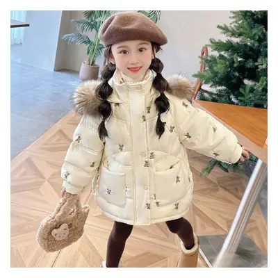 (white, 130cm) Winter Girls Hooded Thick Warm Embroidery Bear Parkas Kids Casual Coat Outerwear