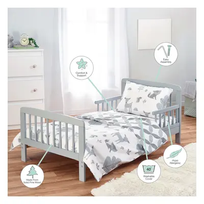 Grey Toddler Bed with Kinder Flow Mattress, Reversible Bedding