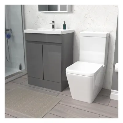 Nes Home Steel Grey 600mm Freestanding Basin Vanity Unit & Close Coupled Toilet