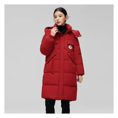 (red, M) Autumn Winter Thick Warm Jacket Women Solid Color Hooded Coat Parkas Medium Long Zipper