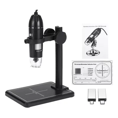 (Black) 1600X 8LED 2MP USB Digital Microscope Borescope Magnifier Camera +Stand Holder