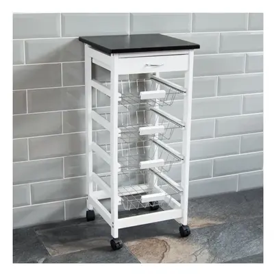 (4 Tier, White) 4 Tier Kitchen Trolley Wood Metal basket Drawers