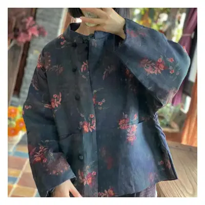 (black, One Size) Johnature Linen Print Vintage Chinese Style Women Coats Spring Full Sleeve Loo