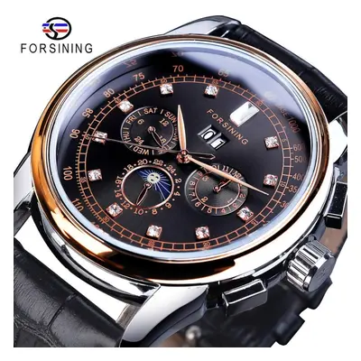 (black,rose gold) Forsining Moon Phase Shanghai Movement Rose Gold Case Brown Genuine Leather St