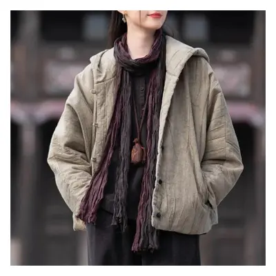 (khaki, One Size) Johnature Women Vintage Cotton Hooded Parkas Button Long Sleeve Warm Coats Win