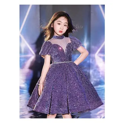 (purple, 130) Children&apos;s Dress Princess Dress With Bow Solid Color Sequin Performance Cake 