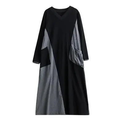 (grey, One Size) Xitao Casual Dress Contrast Color Patchwork Women Dress Dmj3101