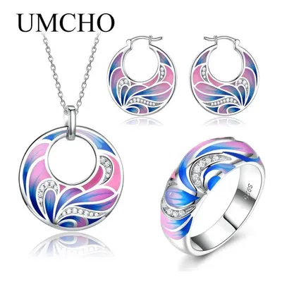 (blue,purple, 9) Umcho Sterling Silver Emerald Jewelry Sets For Women Gemstone Ring Pendant Neck