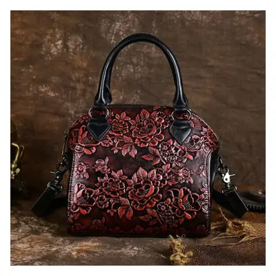 (red) Johnature Embossed Shell Bag Women&apos;s Vintage Genuine Leather Flower Handbag Versatile