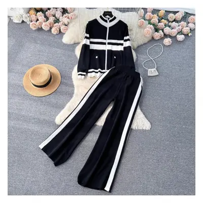 (black, One Size) Autumn Winter Contrast Striped Tracksuit Knitted Piece Set Women&apos;s Zipper