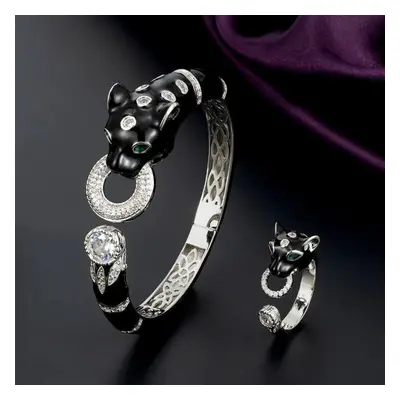 (004 silver ring 8) Zlxgirl Jewelry Jet Cubic Zircon Leopard Animal Bridal Bangle Jewelry Europe