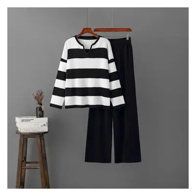 (black, One Size) Two-piece Sets Vintage Elegant V-neck Long-sleeved Contrast Striped Knit Sweat