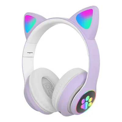 (Purple) Bluetooth Headset Cat Ears Wireless BT5.0 / 3.5MM Dual Mode RGB Light Bass Noise Cancel