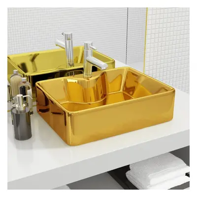 vidaXL Wash Basin with Faucet Hole 48x37x13.5cm Ceramic Gold Sink Wash Bowl