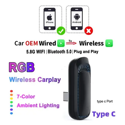 (as the picture, Type-C) Rgb Colorful Carplay Wireless Adapter Smart Ai Box Car Oem Wired Carpla