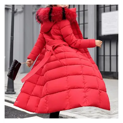 (red, S) New Winter Jacket Women&apos;s Warm Fashion Bow Belt Fox Fur Collar Coat Long Dress Wom