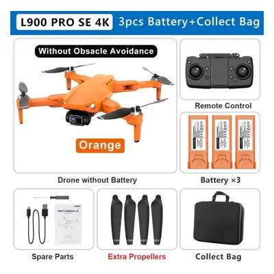 (3 battery, Orange) New L900 PRO SE Drone 4K Professional GPS 5G WIFI Brushless Motor Dual Camer