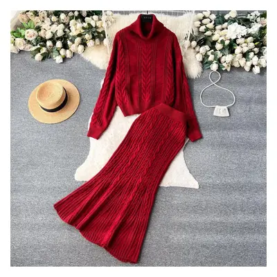 (claret, One Size) Winter New Turtle Neck Long-sleeved Twisted Sweater + High Waist Mermaid Knit