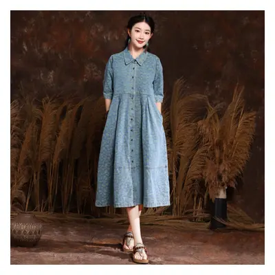 (light blue, M) Johnature Fashion Lapel Floral Single Breasted Dress Summer Women Half Sleeve Ch