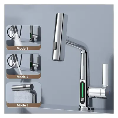 (silver) Waterfall Temperature Digital Display Basin Faucet Lift Up Down Stream Sprayer Hot Cold