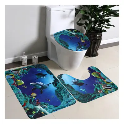 3pcs/Set Soft Flannel Blue Sea Contour Pedestal Rug Lid Toilet Cover Bath Mat Carpet