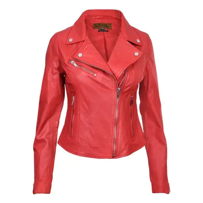 (2XL) Ladies Classic Biker Style Red Leather Jacket