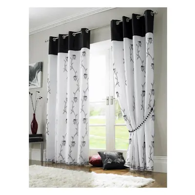 Tahiti Eyelet Curtains Embroidered Lined Voile Black/White 56x90"