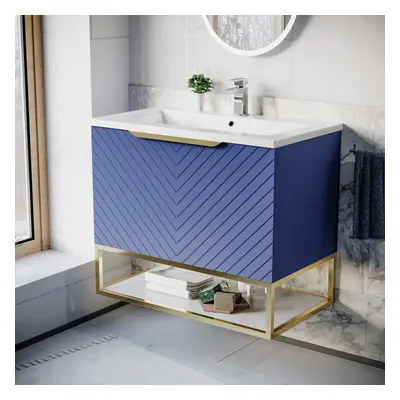 Nes Home 800mm Wall Hung Blue Drawers Basin Vanity Brushed Brass Frame & Handle