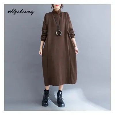 (as the picture, L) Korean Fashion Plus Size Autumn Winter Women Warm Midi Knitting Dress Turtle